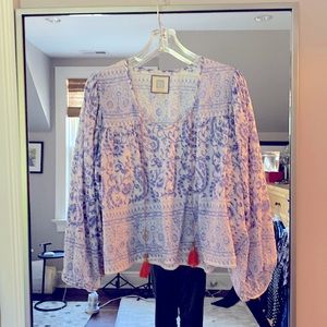 Alicia Bell, blue and white blouse, size medium